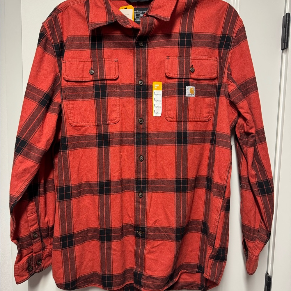 Carhartt Men's Red and Black Plaid Button Down Shirt